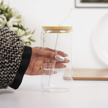 Clear Glass Tumbler with Bamboo Lid & Reusable Glass Straw - Memories Insite
