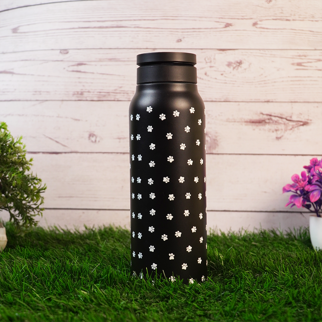 Black Paw Print Stainless Steel Water Bottle
