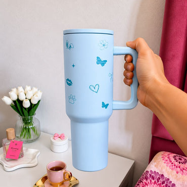 FlutterBloom™ 40oz Insulated Tumbler – Sky Blue Butterfly Edition