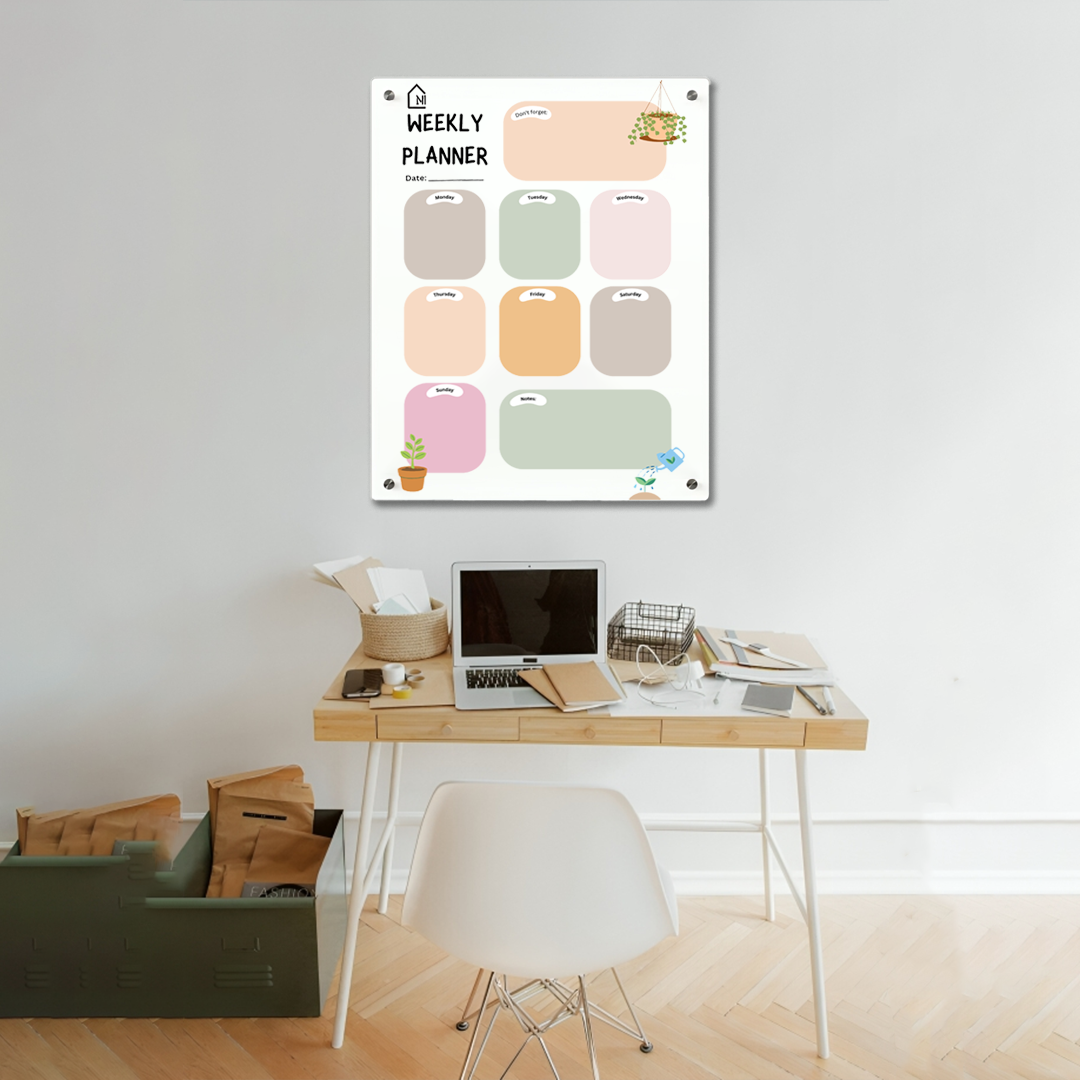 Acrylic Milky Weekly Planner Board – Pastel Design with Notes & Reminder Section