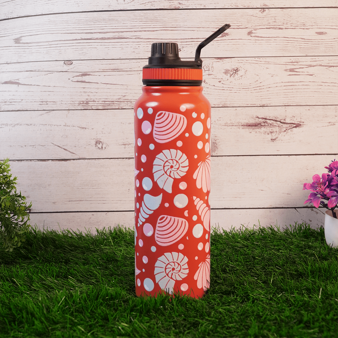 Ocean Shell Print Stainless Steel Water Bottle - 600 ML - Memories InsiteOCEAN SHELL PRINT WATER BOTTLE RED-600 ML