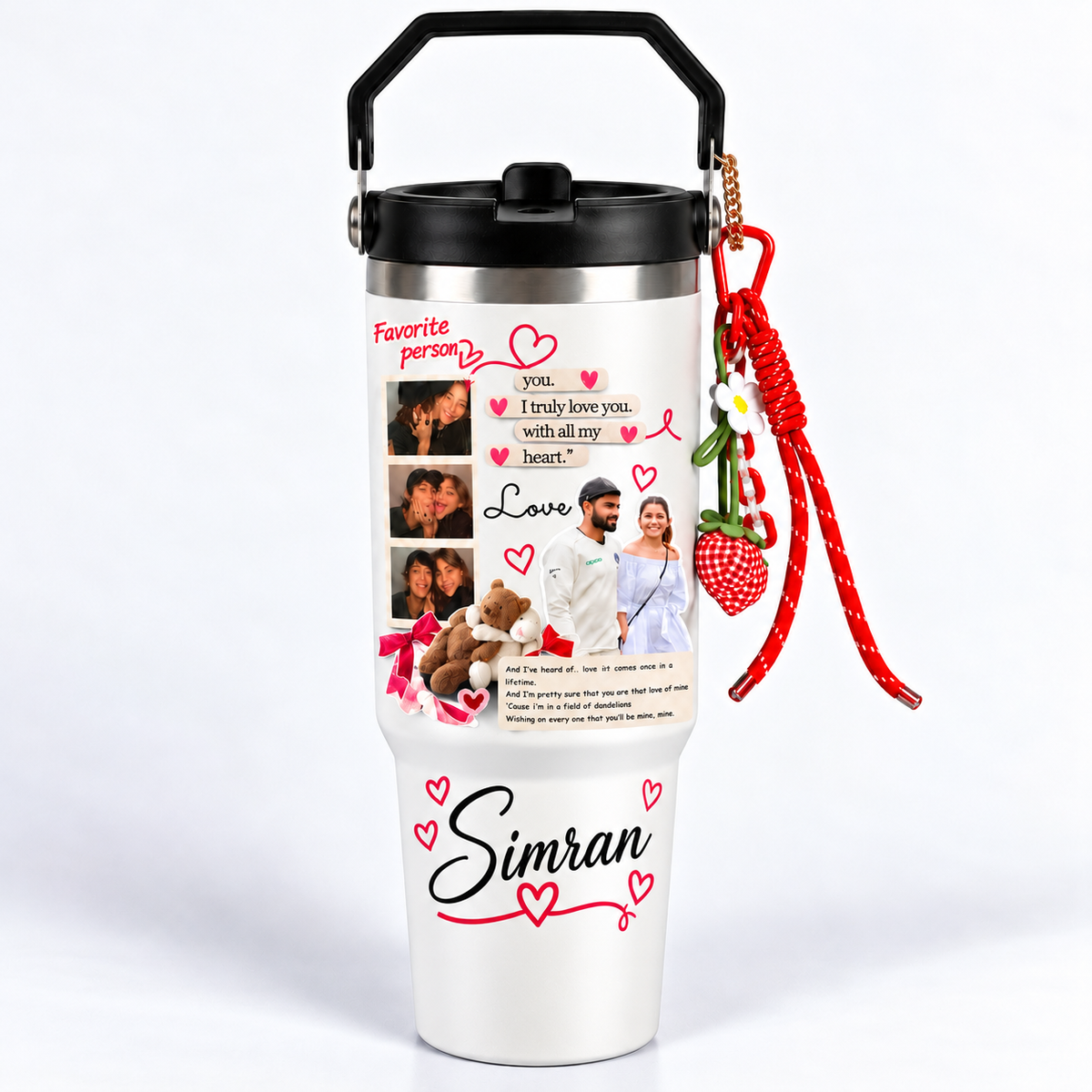 Personalised Photo Collage Tumbler with Handle, Love Message & Decorative Charms