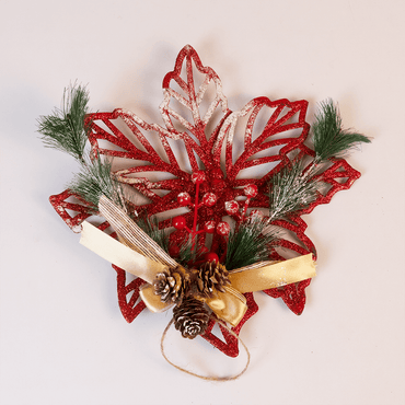 Elegant Christmas Snowflake Wall Hanging – Red Glitter With Pine Leaves & Golden Bow - Memories Insite