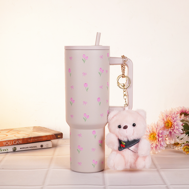 Pink Tulip Bow Tumbler with Straw & Hand