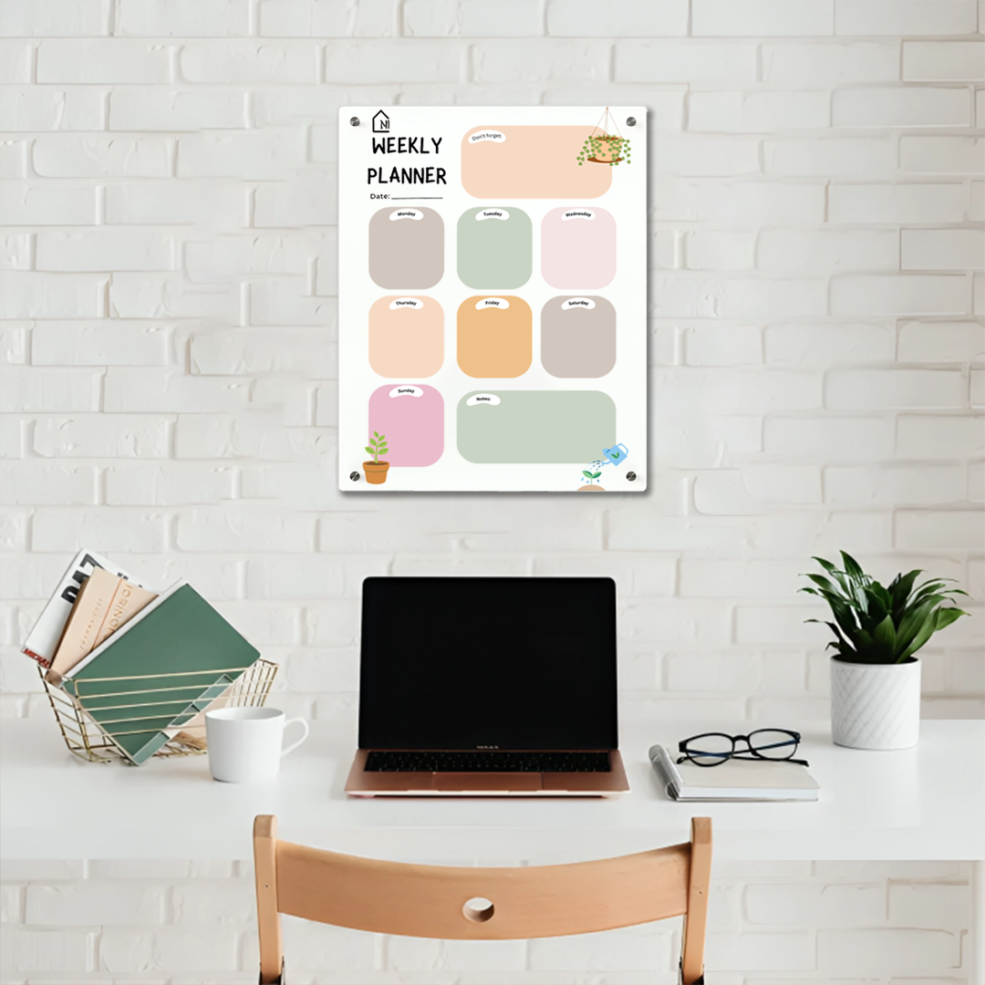 Acrylic Milky Weekly Planner Board – Pastel Design with Notes & Reminder Section