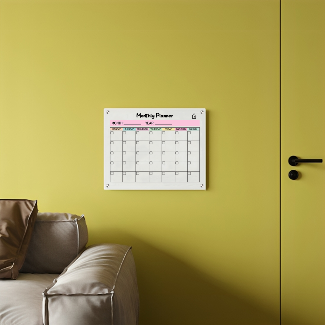 White Acrylic Monthly Wall Planner – Reusable Calendar Board with Dry Erase Surface | Home, Office & Study Organizer