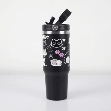 Cute Cat Insulated Tumbler with Handle Black - Memories InsiteOSIS BLACK CUTE CAT INSULATED TUMBLER 890ML