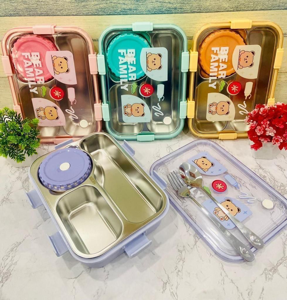Personalized Stainless Steel Bear Family Bento Lunch Box (3 Grid) With Bowl for Kids - Memories InsiteBEAR FAMILY LUNCH BOX-3 PURPLE