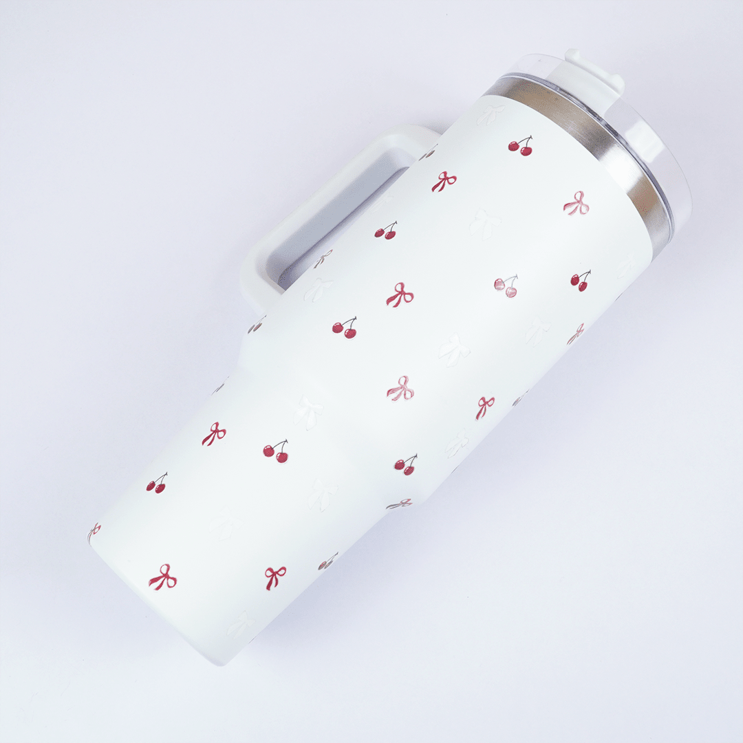 Cherry Daze Insulated Travel Tumbler with Handle & Lid with straw - Memories InsiteSTAN - CHERRY DAZE TUMBLER ( WHITE )