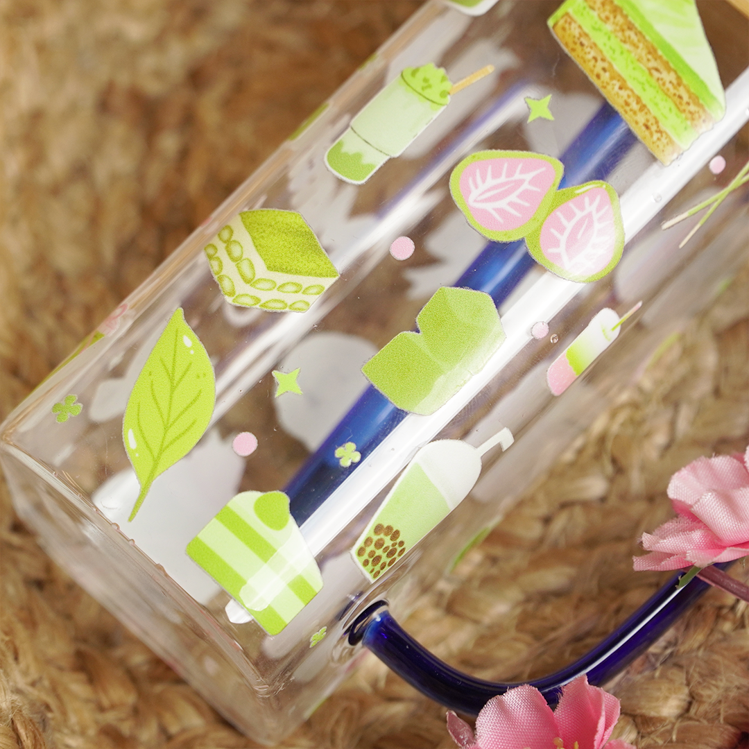 Set -2 Cute Printed Glass Mug with Bamboo Lid & Straw