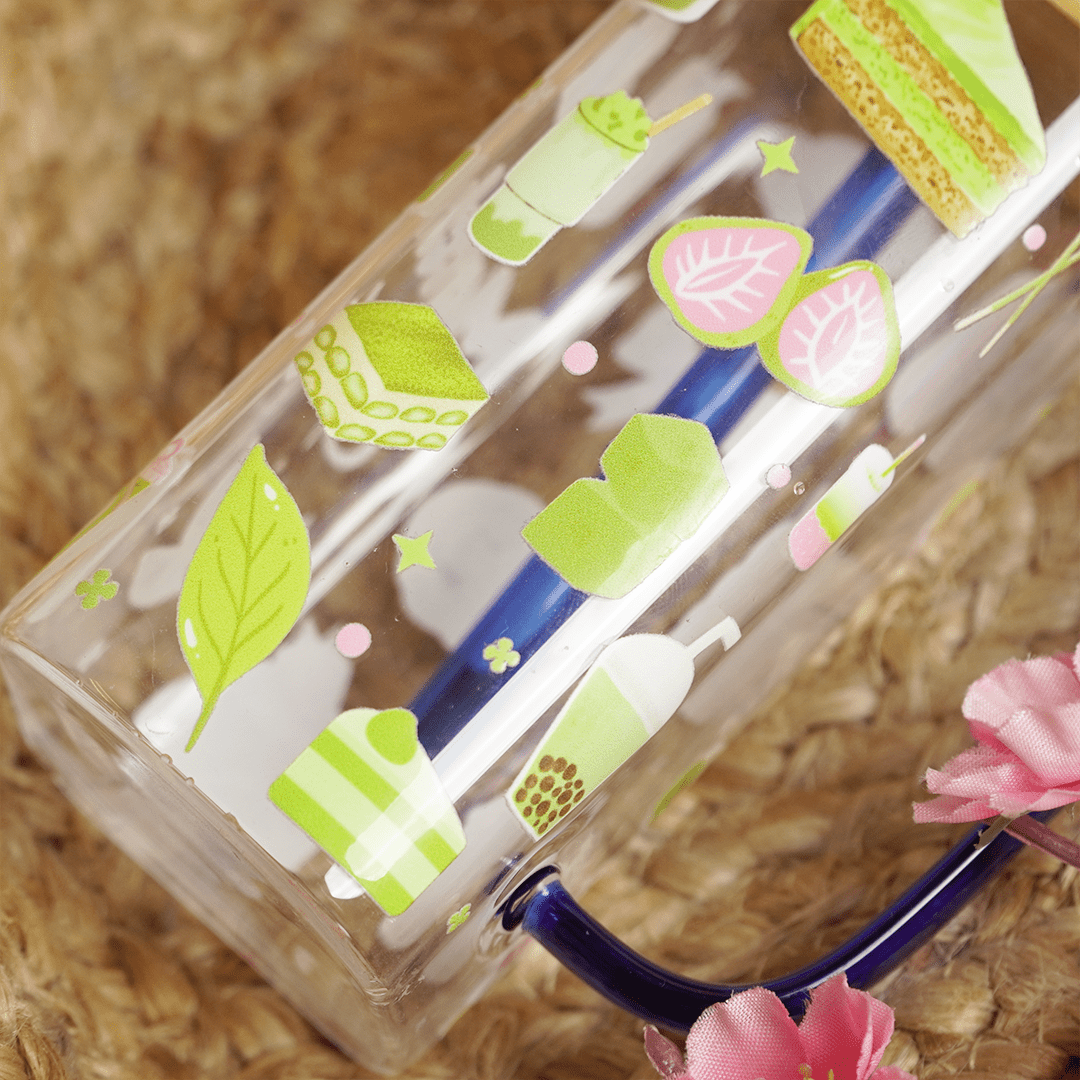 Set -2 Cute Printed Glass Mug with Bamboo Lid & Straw - Memories InsiteSET OF 2 CUTE PRINTED GLASS MUG