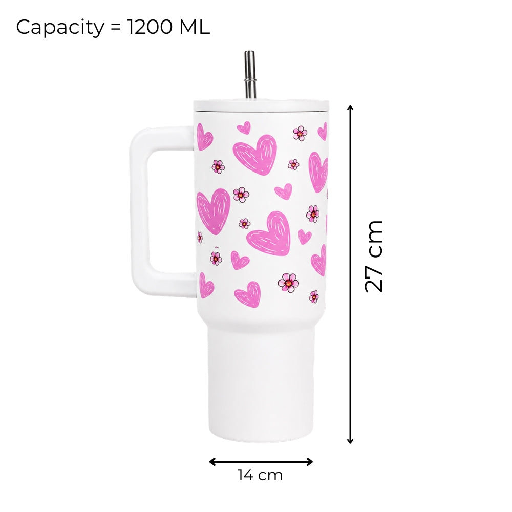 Pink Floral Heart Print White Travel Tumbler with Handle & Straw