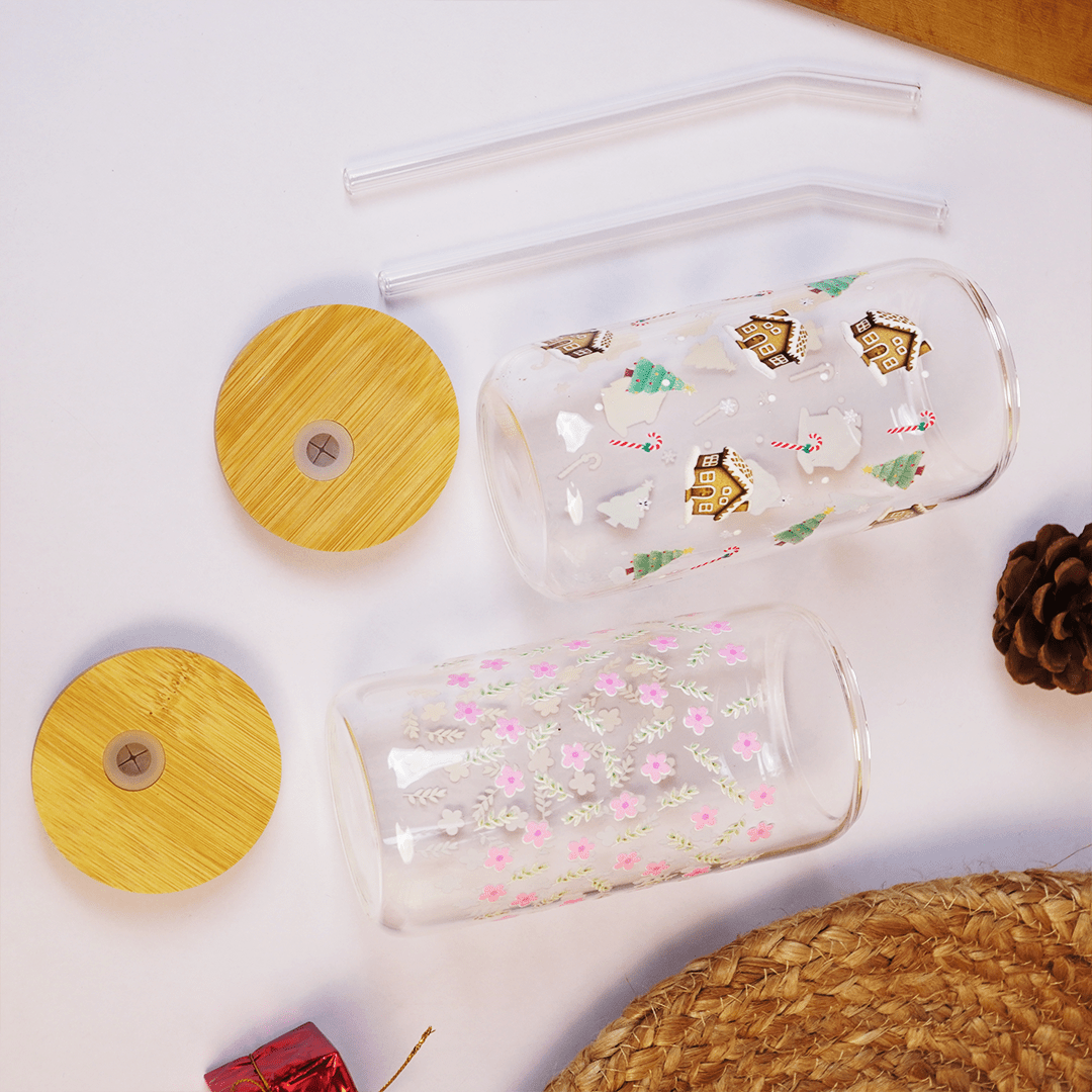 Set-2 Christmas & Floral Glass Tumbler with Bamboo Lid & Straw - Memories Insite