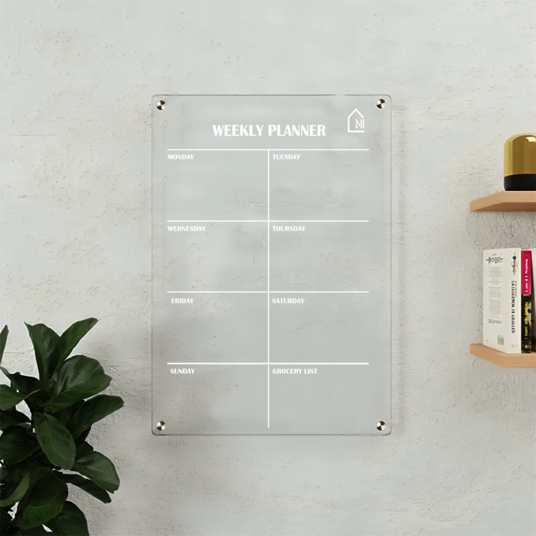 Minimalist Acrylic Weekly Planner Board – Reusable Wall Organizer (With Grocery List Section)