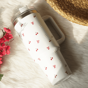 Cherry Daze Insulated Travel Tumbler with Handle & Lid with straw - Memories InsiteSTAN - CHERRY DAZE TUMBLER ( WHITE )