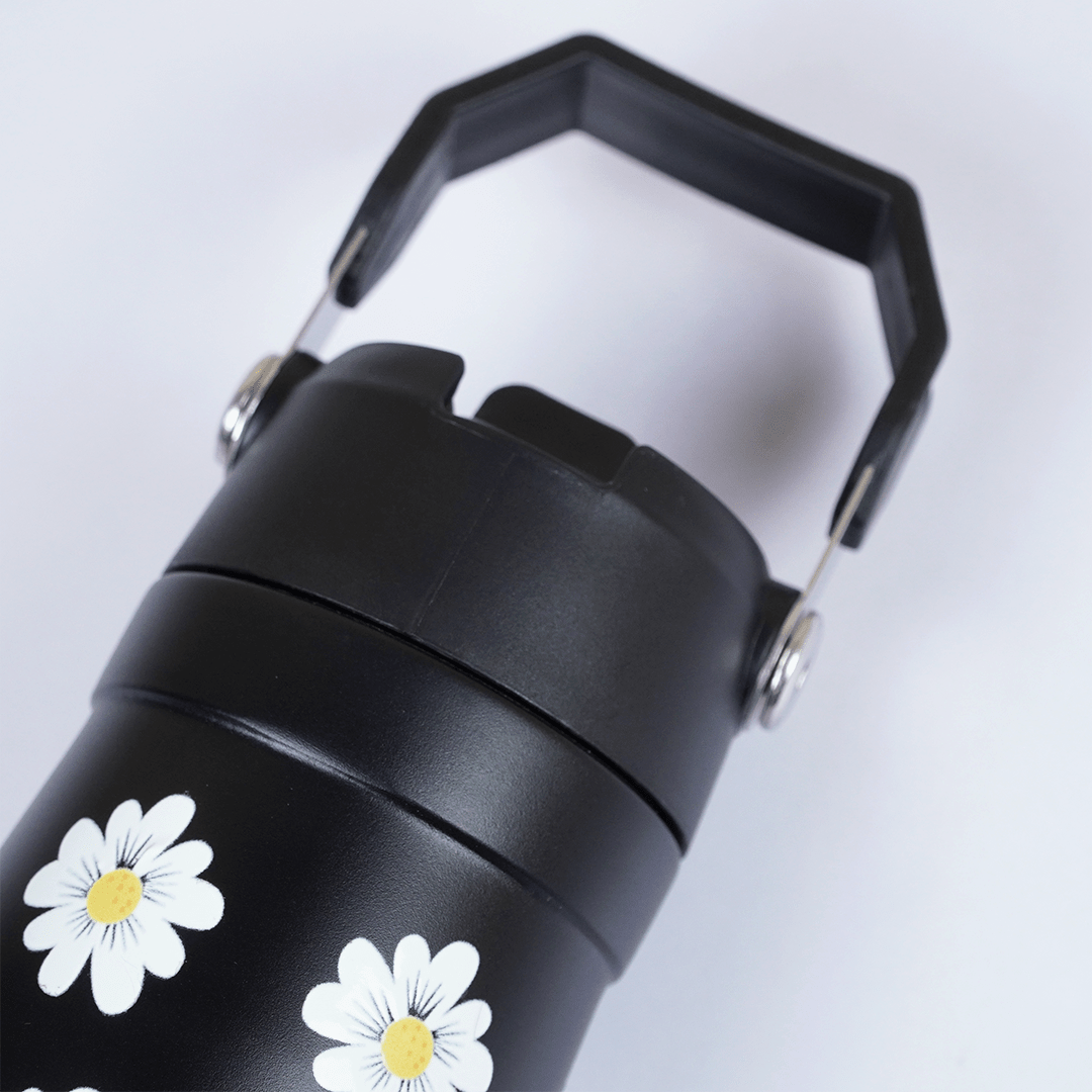 Daisy Print Black Stainless Steel Water Bottle ( 650 ML ) - Memories Insite650ML DAISY PRINT BLACK BOTTLE