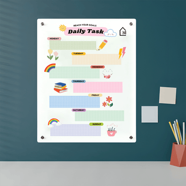Acrylic Daily Task Planner Milky Board – Rainbow Theme Dry Erase Schedule Organizer | Kids & Home Study Wall Board | Monday to Sunday Layout - Memories InsiteRAINBOW MILKY WEEKLY PLANNER II