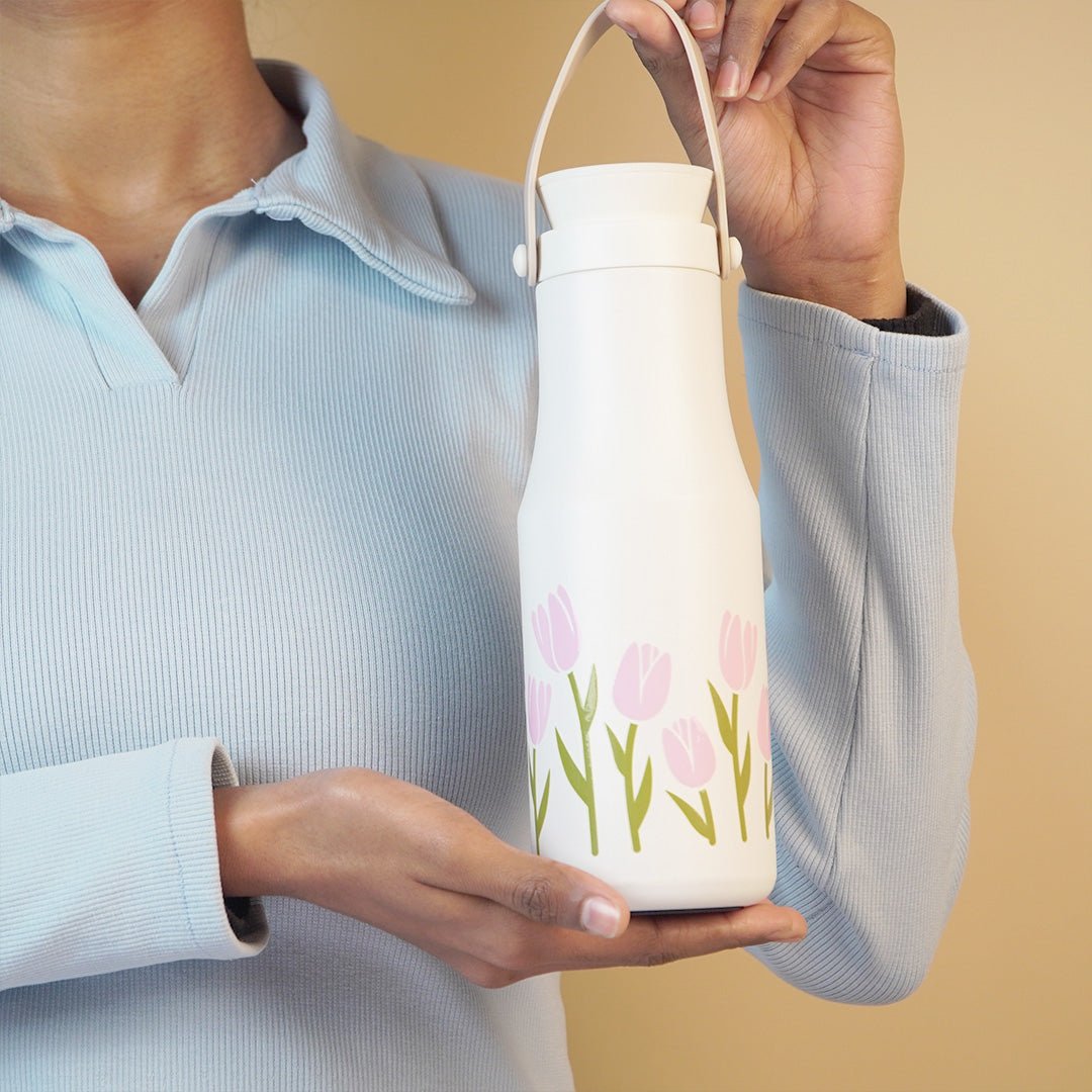 Aesthetic Pink floral Bottle| Leak Prof Stainless Steel Bottle ( 500 ML ) - Memories InsiteBLOOM tulip 500 ml white milk bottle