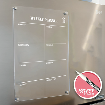 Acrylic Weekly Magnetic Planner Board – Fridge Organizer with Grocery List, Marker & Rag