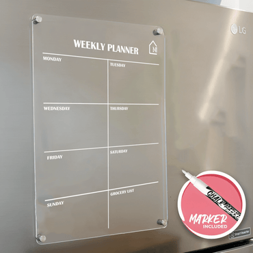 Acrylic Weekly Magnetic Planner Board – Fridge Organizer with Grocery List, Marker & Rag - Memories InsiteWEEKLY GROCERY FRIDGE PLANNER1