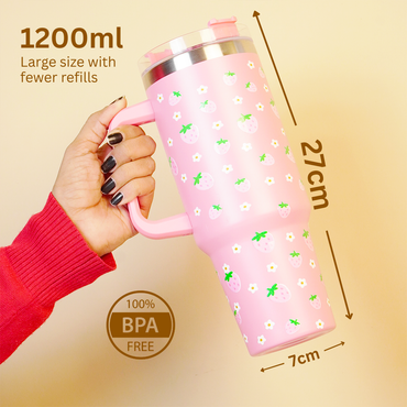 Cute Strawberry Stainless Steel Tumbler with Straw & Handle