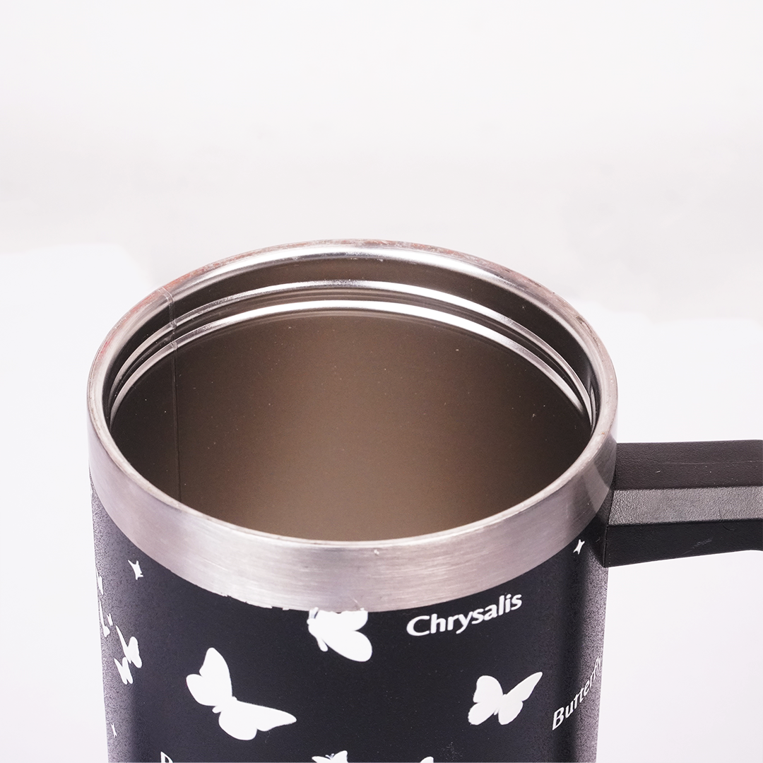Black Butterfly Print Tumbler with Straw & Handle – Insulated Travel Coffee Cup
