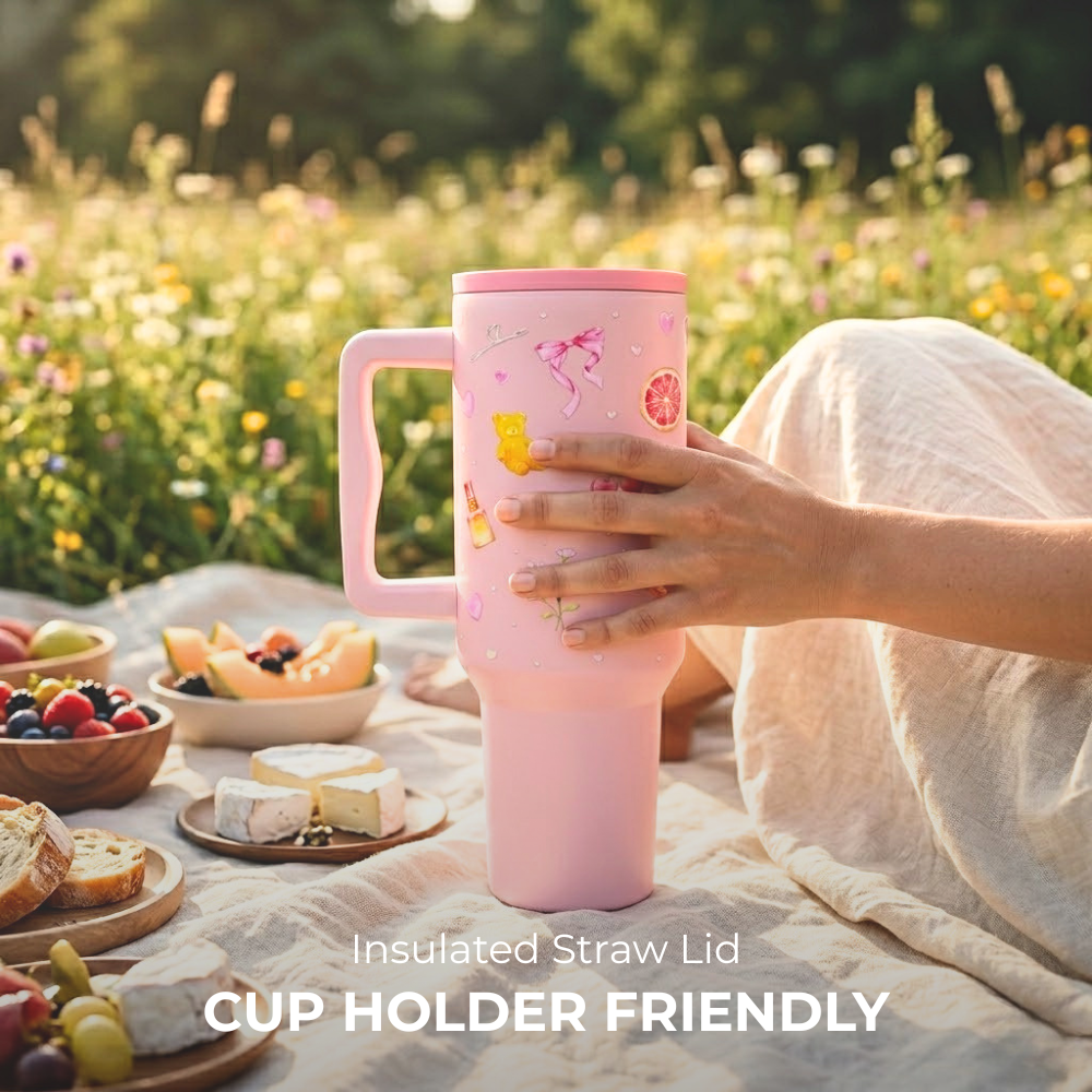 Blush Pop Aesthetic Tumbler with Handle, Straw & Spill-Proof Lid