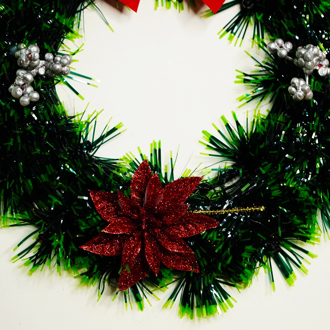 Christmas Green Wreath with Red Bow & Poinsettia