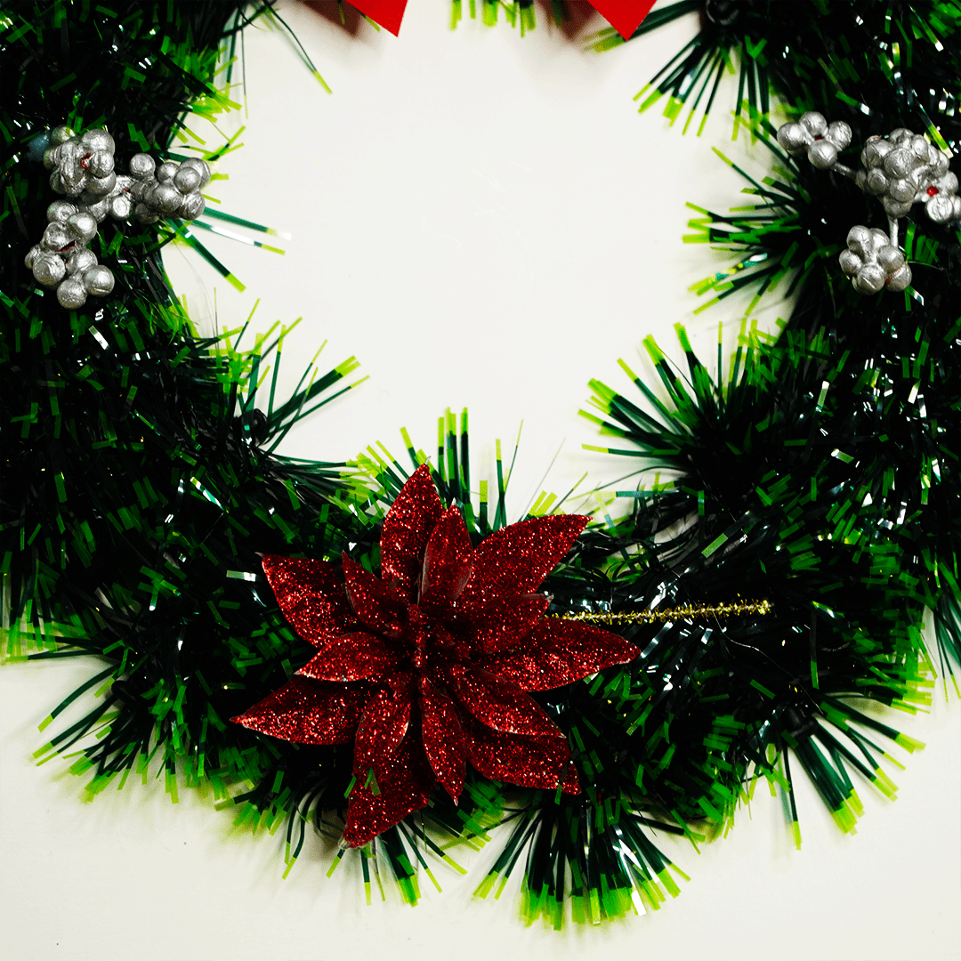 Christmas Green Wreath with Red Bow & Poinsettia - Memories Insite