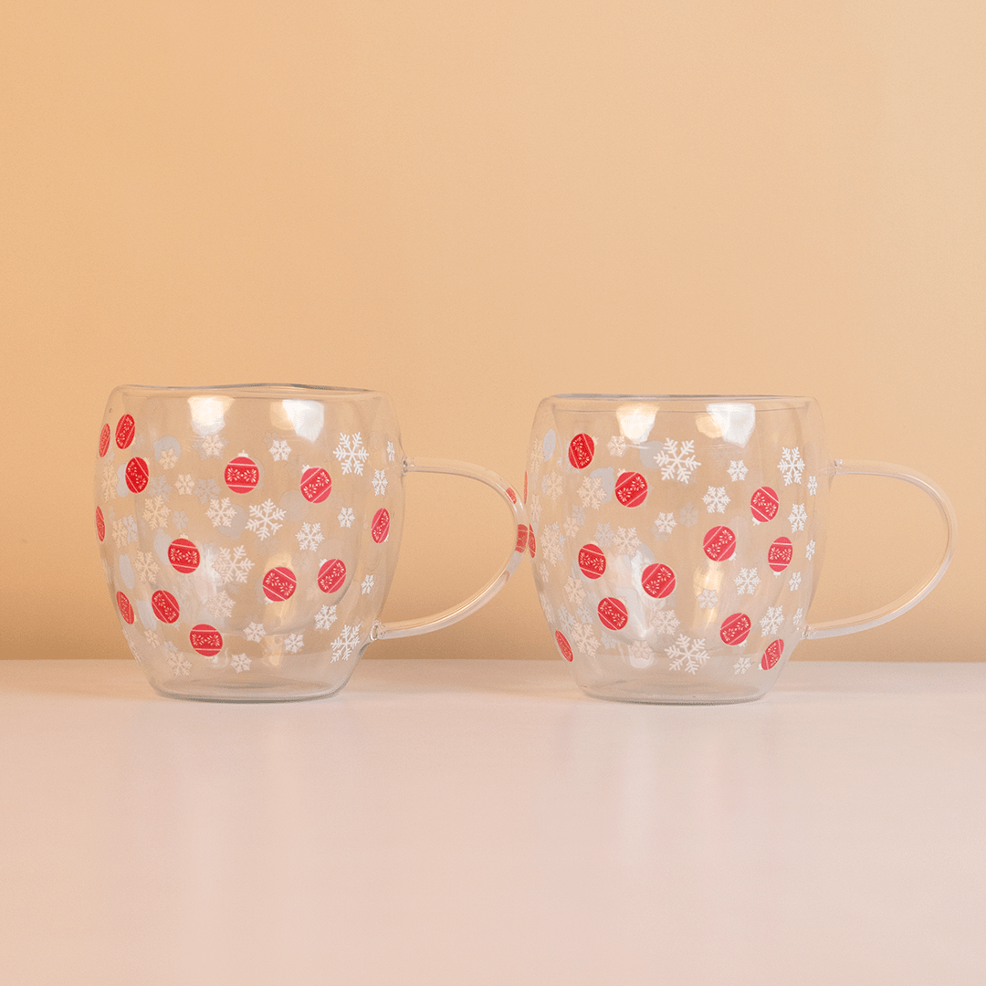Set-2 Double Wall Glass Mug – Snowflake & Ornament Design - Memories Insite