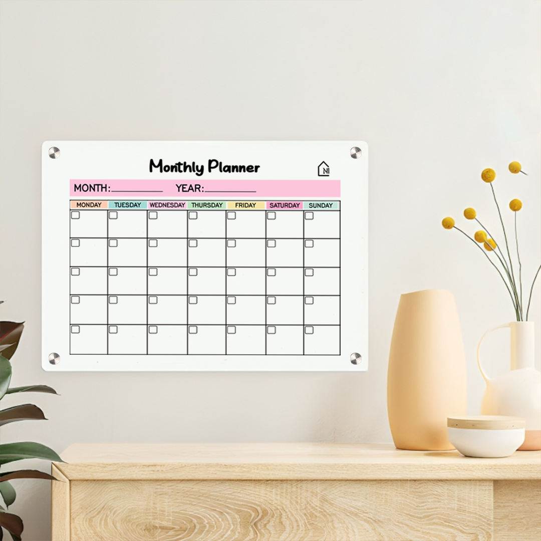 White Acrylic Monthly Wall Planner – Reusable Calendar Board with Dry Erase Surface | Home, Office & Study Organizer