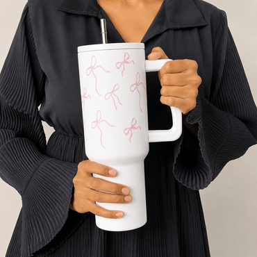 Pink Ribbon Bow Stain Travel Tumbler with Handle & Straw