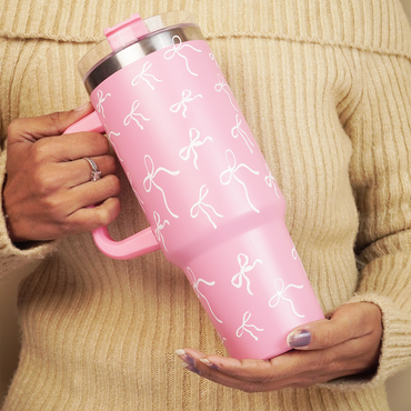 Pink Bow Insulated Tumbler with Handle & Straw