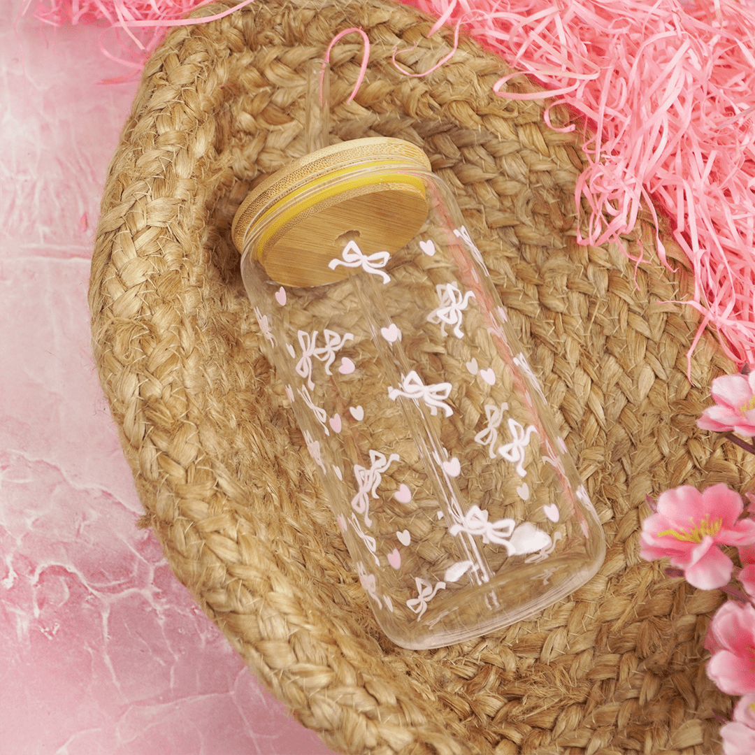 Cute Pink Bow Print Glass Tumbler with Bamboo Lid & Straw - Memories InsiteCUTE PINK BOW PRINT GLASS TUMBLER