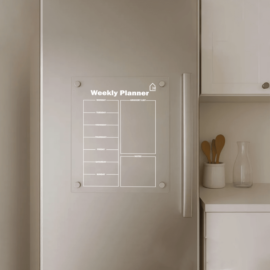 Acrylic Weekly Magnetic Planner With Grocery list and Notes Column(Pens + Rag) - Memories InsiteWEEKLY FRIDGE PLANNER GROCERY AND NOTES I
