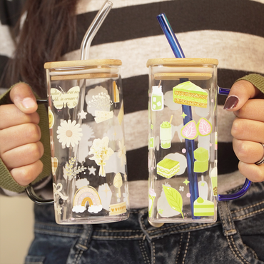 Set -2 Cute Printed Glass Mug with Bamboo Lid & Straw