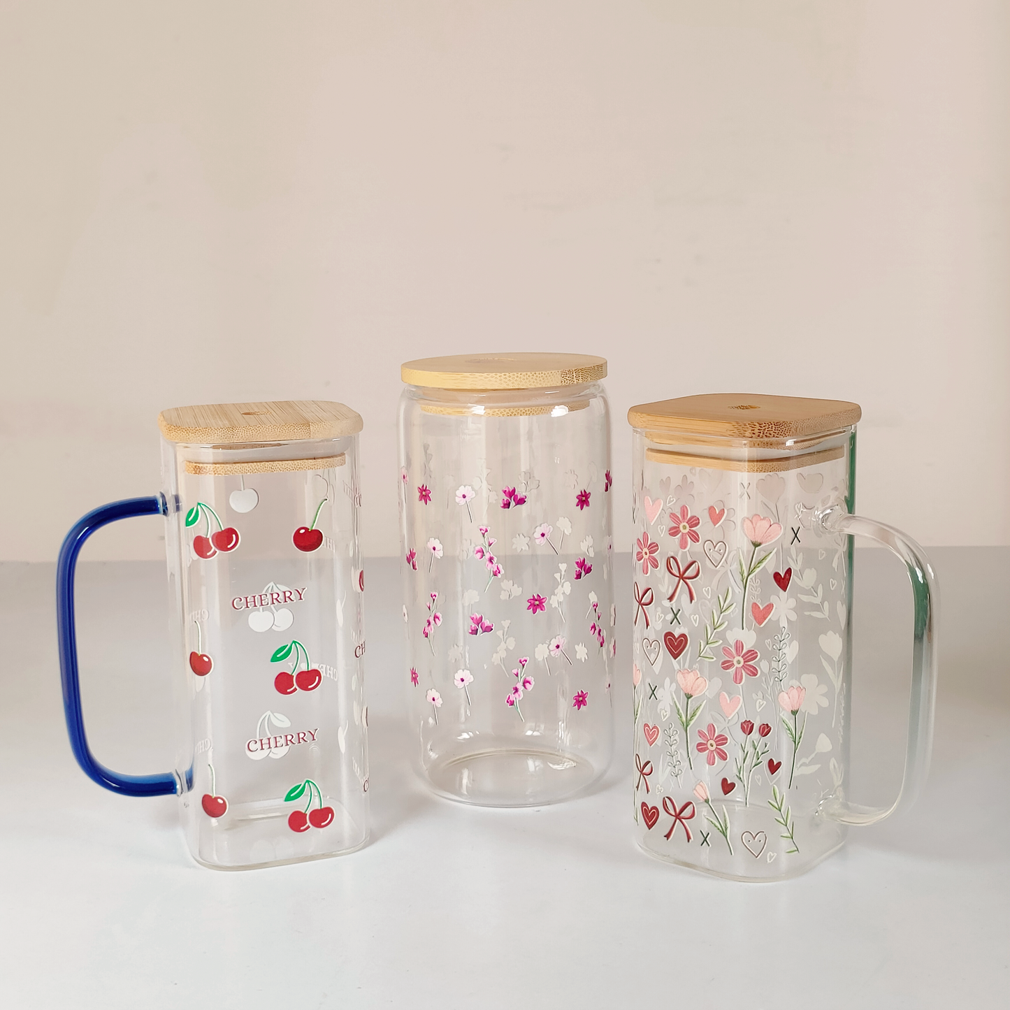Pink Blossom Glass Tumbler with Bamboo Lid & Straw – Elegant Floral Drinkware