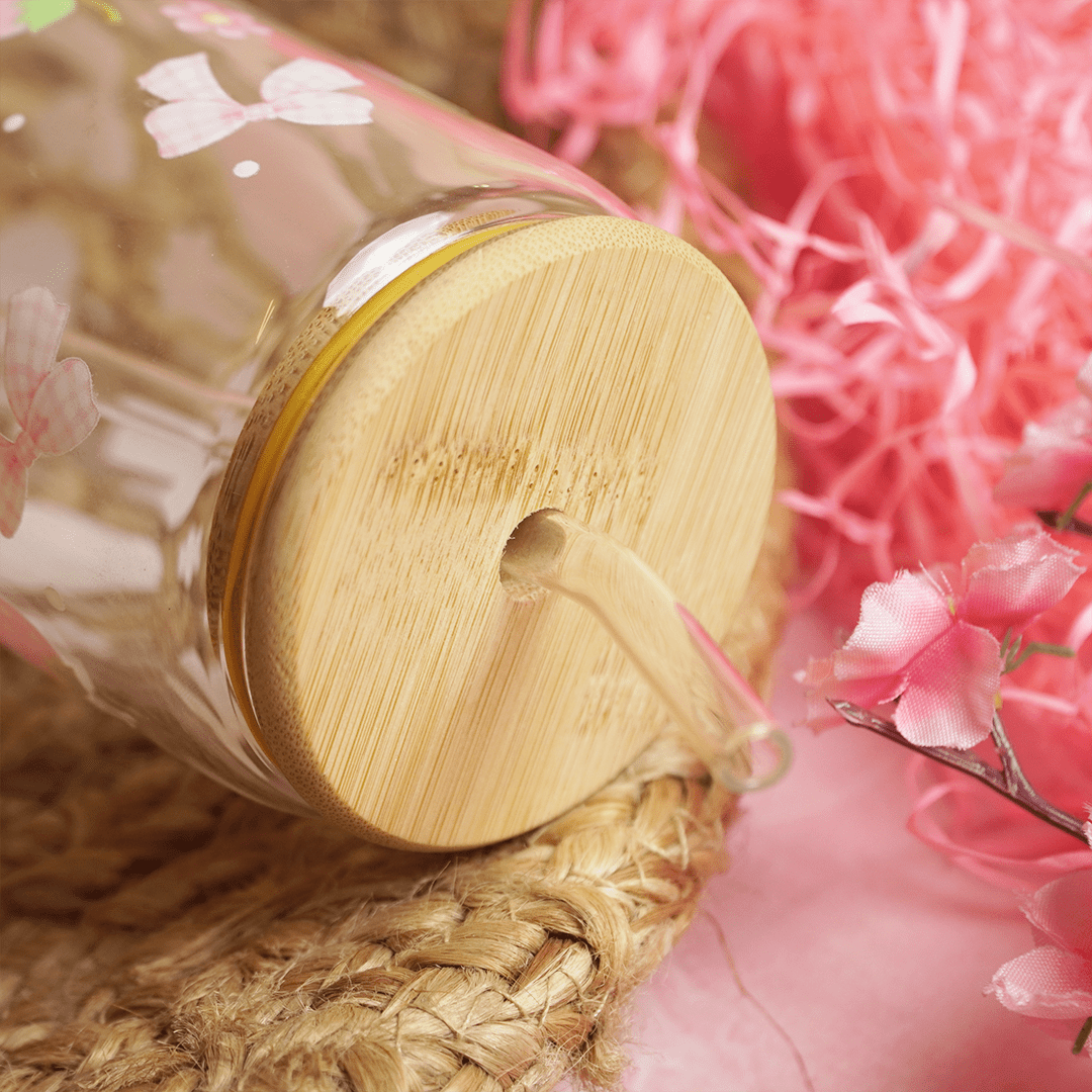 Cute Pink Strawberry Glass Sipper Bottle With Bamboo Lid & Straw - Memories InsiteCUTE PINK STRAWBERRY PRINT GLASS JAR