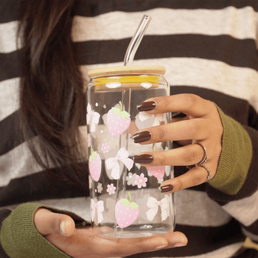 Cute Pink Strawberry Glass Sipper Bottle With Bamboo Lid & Straw - Memories InsiteCUTE PINK STRAWBERRY PRINT GLASS JAR