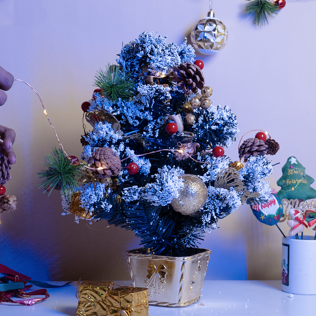 Snow-Frosted Mini Christmas Tree with Golden Decorations ( Random colors) - Memories Insite