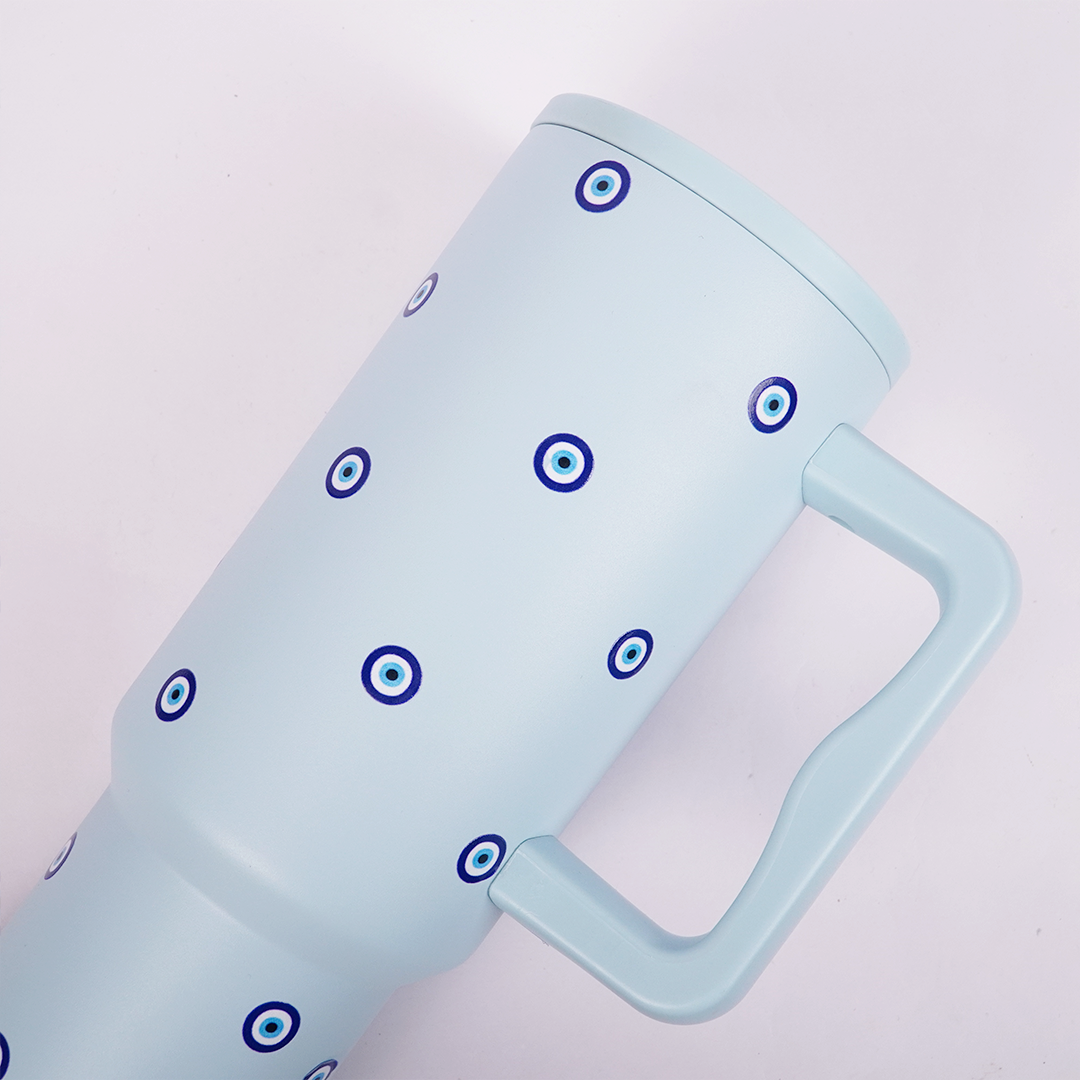 Blue Evil Eye Tumbler with Handle & Straw – Aesthetic Reusable Travel Cup