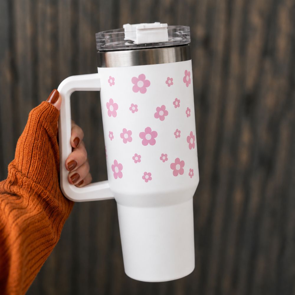 Pink Daisy Stainless Steel Tumbler with Charm |