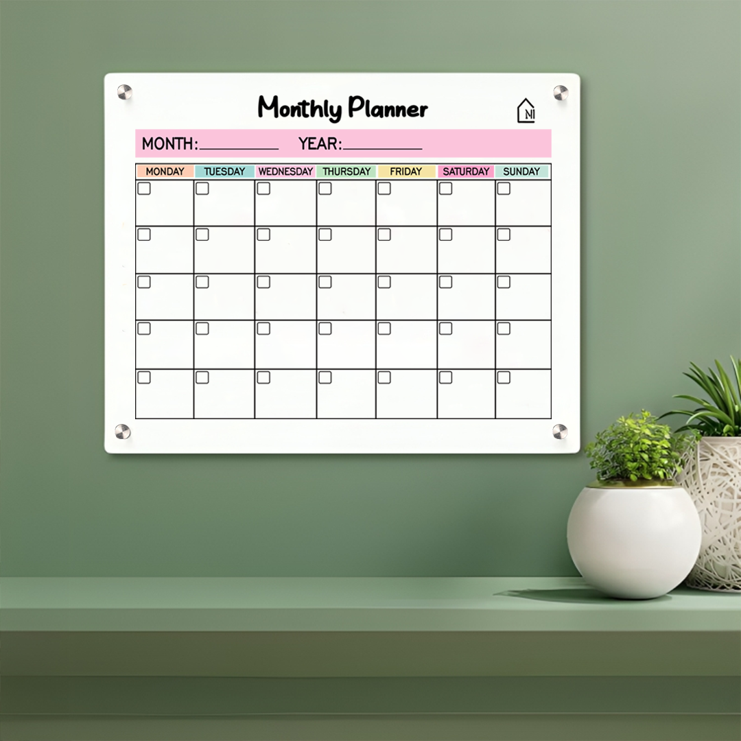 White Acrylic Monthly Wall Planner – Reusable Calendar Board with Dry Erase Surface | Home, Office & Study Organizer