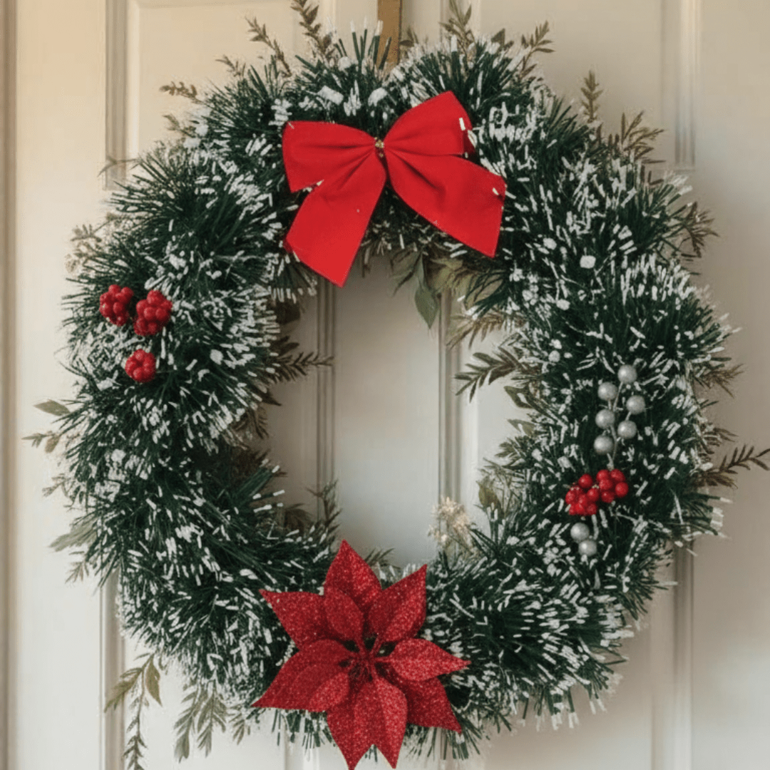 Snow-Frosted Christmas Wreath with Red Bow & Silver Flower - Memories Insite
