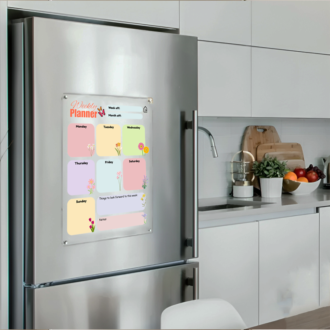 Floral Acrylic Weekly Planner for Fridge | Magnetic Reusable Board with Notes Section