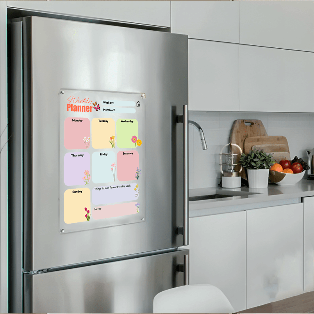 Floral Acrylic Weekly Planner for Fridge | Magnetic Reusable Board with Notes Section - Memories InsiteFLORAL WEEKLY FRIDGE PLANNER WITH NOTES I