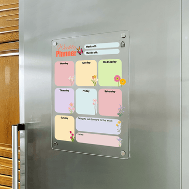 Floral Acrylic Weekly Planner for Fridge | Magnetic Reusable Board with Notes Section - Memories InsiteFLORAL WEEKLY FRIDGE PLANNER WITH NOTES I