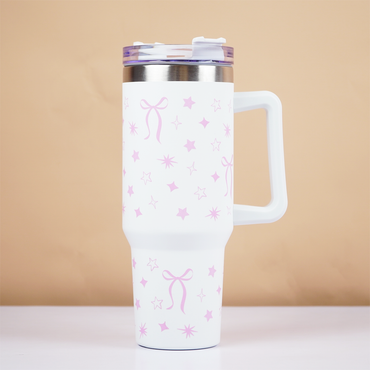 Cute Star Print Stainless Steel Tumbler with Handle | Double Wall Insulated Travel Mug with Straw