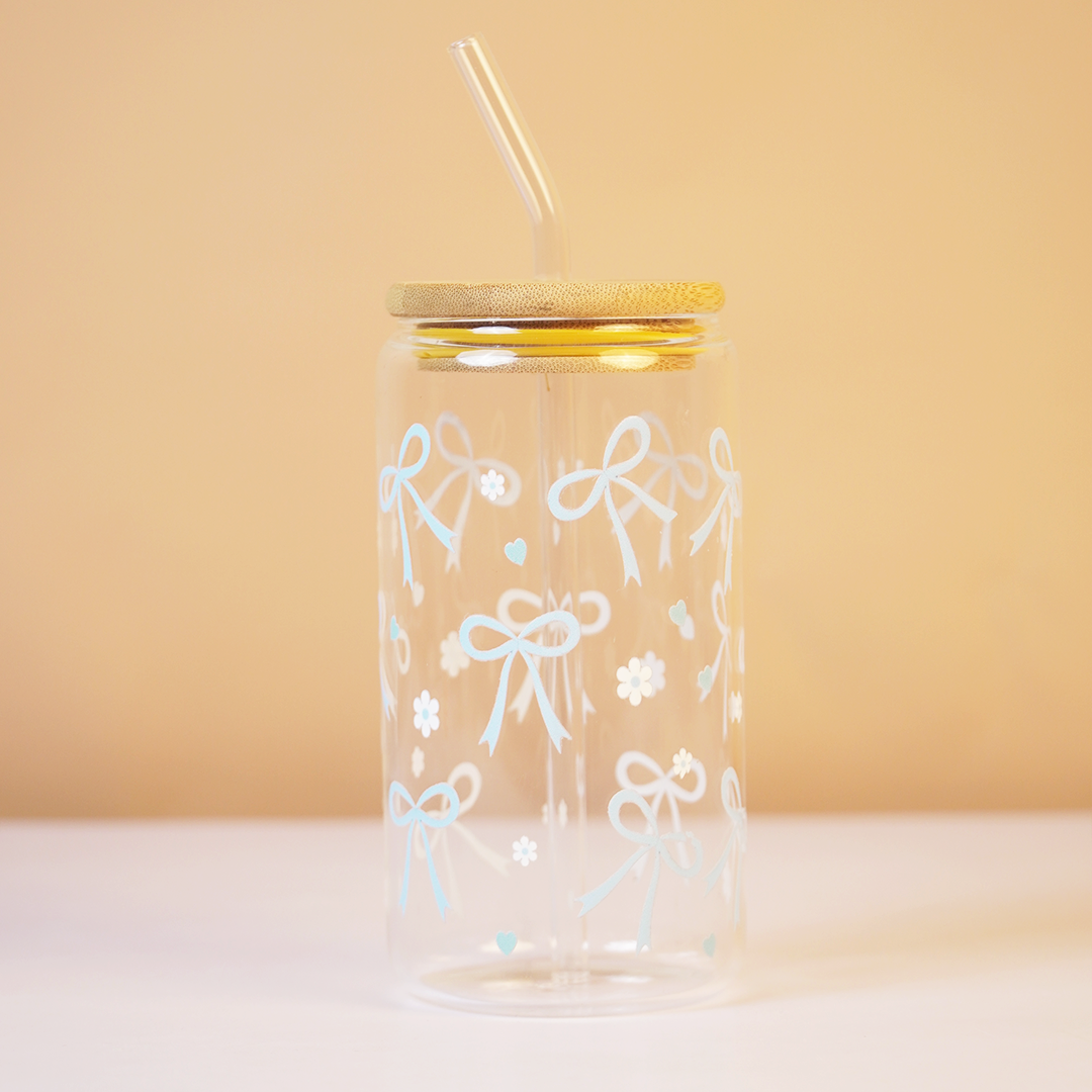 Cute Bow Print Glass Tumbler with Bamboo Lid & Straw - Memories InsiteCUTE BOW PRINTED GLASS TUMBLER
