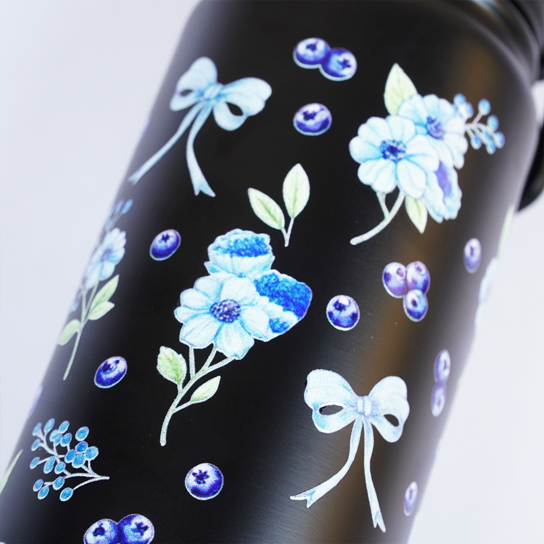 Black Floral Print Stainless Steel Water Bottle